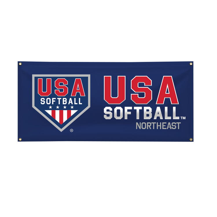 8'x3' Blue Vinyl Banner, USA Softball Primary and Secondary Stacked by Region